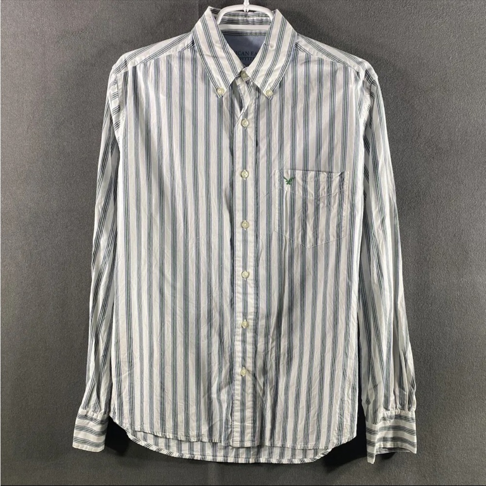 American Eagle Outfitters Regular S Long Sleeve White Button-Up Men Striped